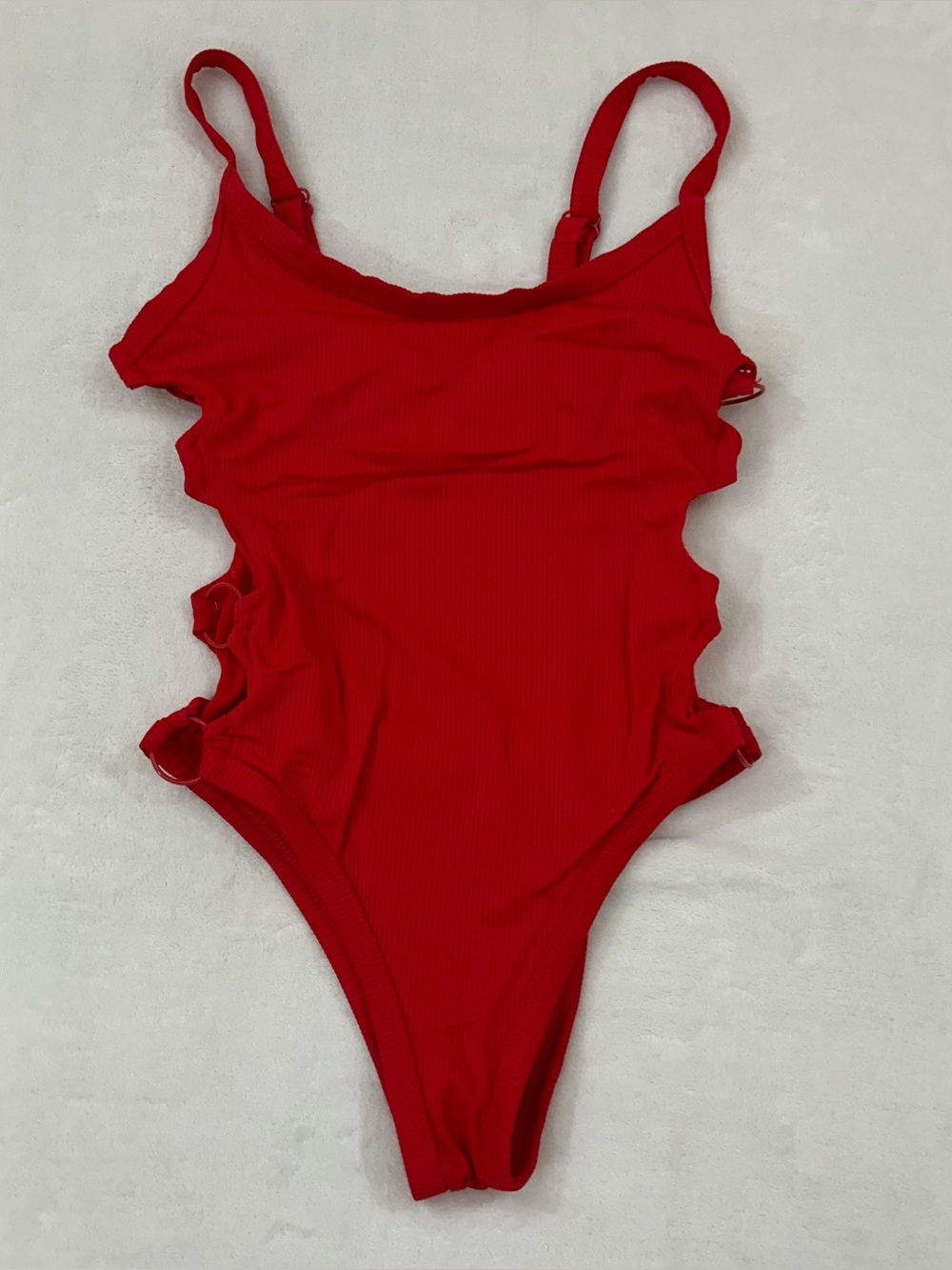 No Boundaries Cherry Red One Piece Swim Suit W/ Decorative Cut Outs Women’s S